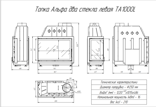 Топка Экокамин Альфа 1000 L / R два стекла